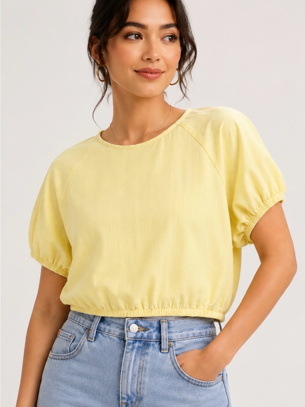 a new day Pale Yellow Puff Sleeve Crop Top